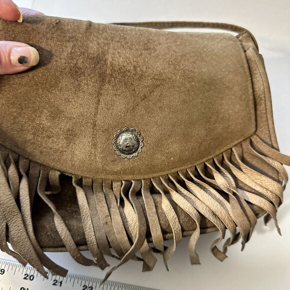 Small Tan Suede Fringe Crossbody Bag Snap Closure Womens Purse - Picture 5 of 8